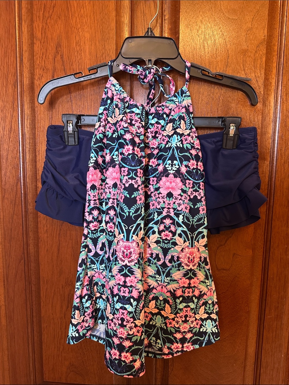 2 pc Floral Halter Swim Suit with Navy Ruffle Bikini Bottoms